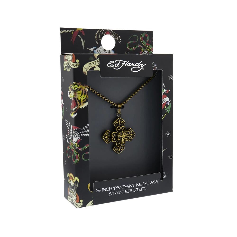 ED HARDY Stainless Steel Gold-Tone Metal Celtic Cross Skull Pendant Necklace